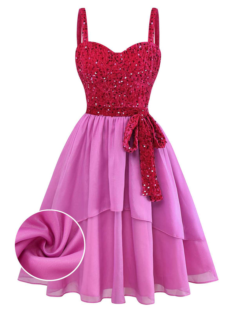 [Vorverkauf] Rosa 1950er Spaghetti Träger Pailletten Bogen Kleid