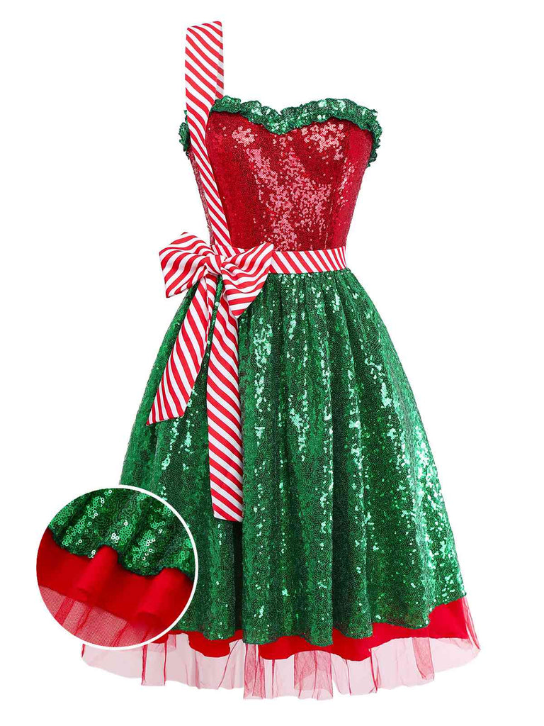 [Vorverkauf] Rot & Grün 1970er Weihnachten Ein-Riemen Netz Kleid
