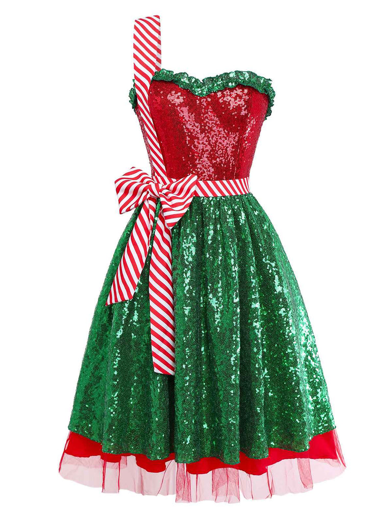 [Vorverkauf] Rot & Grün 1970er Weihnachten Ein-Riemen Netz Kleid