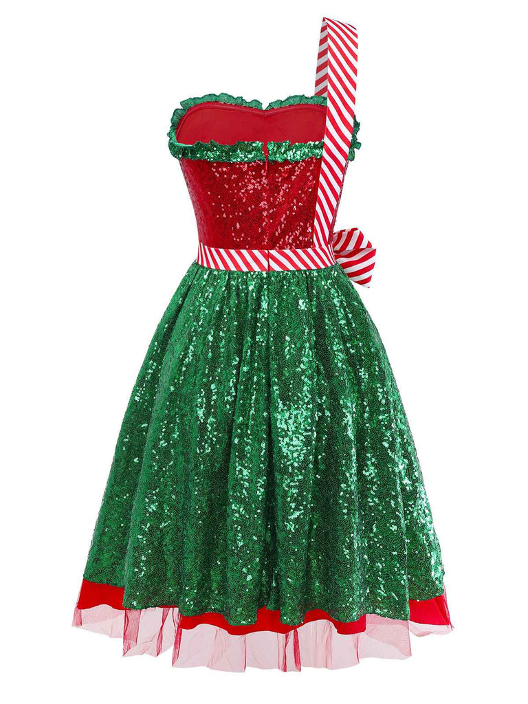 [Vorverkauf] Rot & Grün 1970er Weihnachten Ein-Riemen Netz Kleid