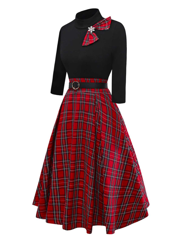 [Vorverkauf] 1950er Weihnachten Plaid Gürtel Kleid Mit Schneeflocke Brosche