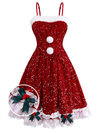 [Vorverkauf] Rot 1950er Bogen Pailletten Plüschsaum Kleid