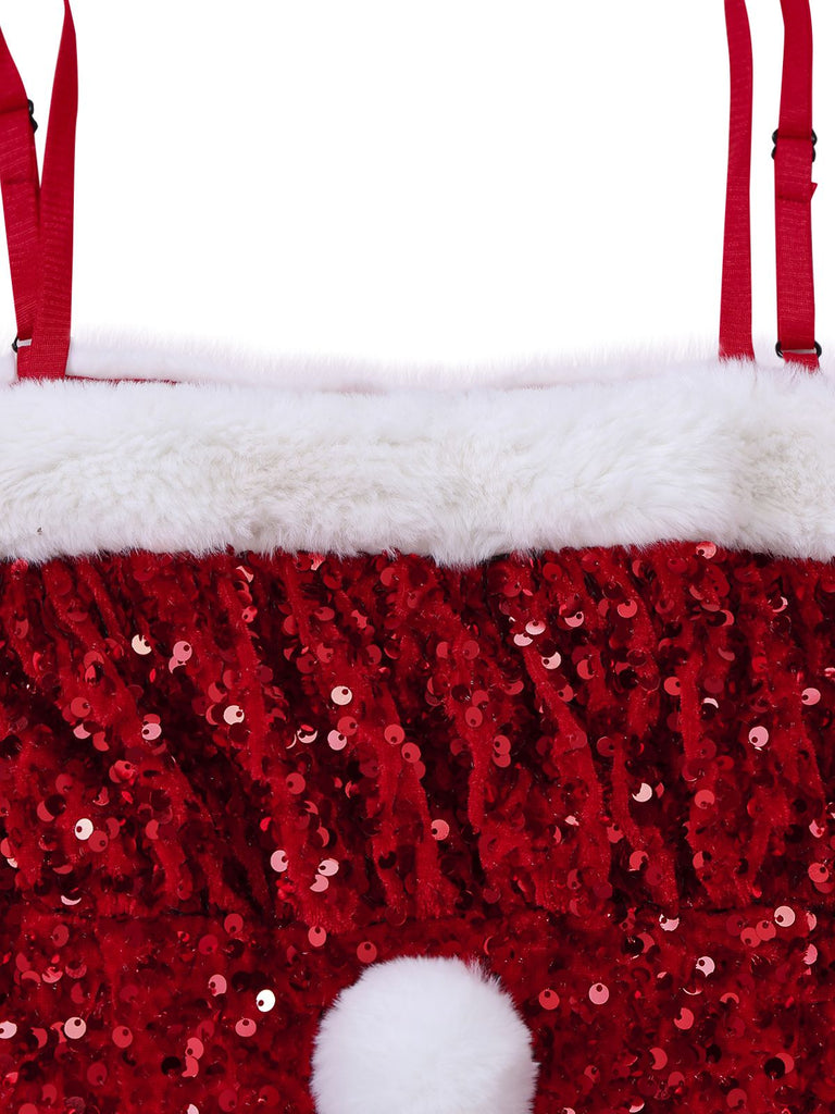 [Vorverkauf] Rot 1950er Bogen Pailletten Plüschsaum Kleid