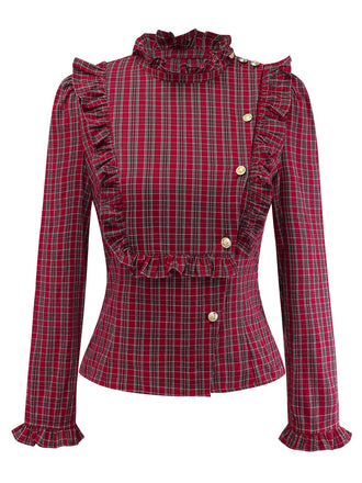 [Vorverkauf] Rot 1970er Rüschen Kragen Plaid Taste Bluse