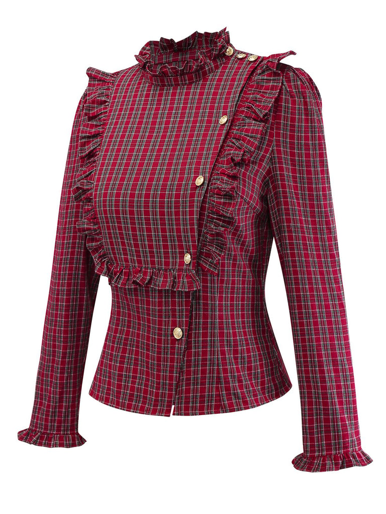 [Vorverkauf] Rot 1970er Rüschen Kragen Plaid Taste Bluse