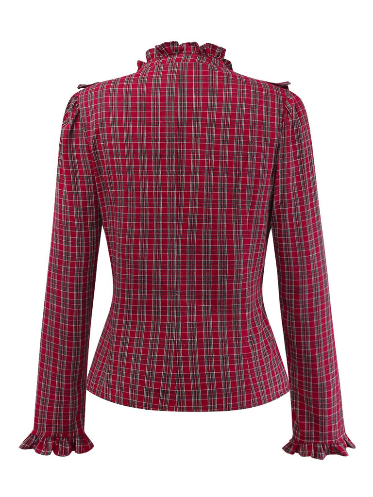 [Vorverkauf] Rot 1970er Rüschen Kragen Plaid Taste Bluse
