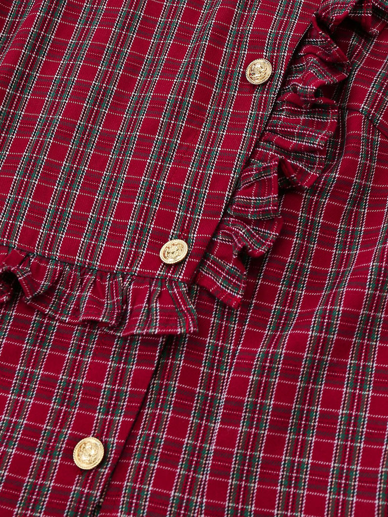 [Vorverkauf] Rot 1970er Rüschen Kragen Plaid Taste Bluse