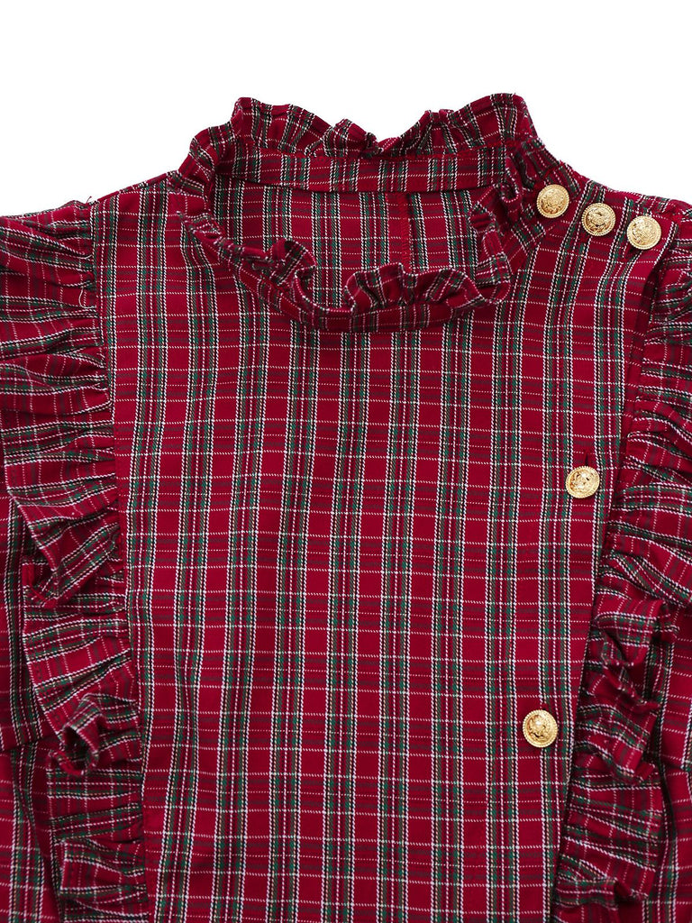 [Vorverkauf] Rot 1970er Rüschen Kragen Plaid Taste Bluse