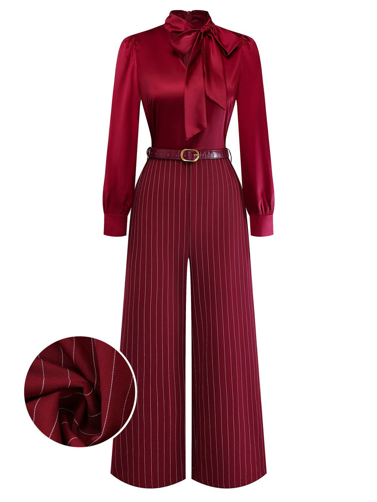 [Vorverkauf] Burgunderrot 1940er Satin Bogen Tie Streifen Weites Bein Jumpsuit
