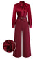 [Vorverkauf] Burgunderrot 1940er Satin Bogen Tie Streifen Weites Bein Jumpsuit