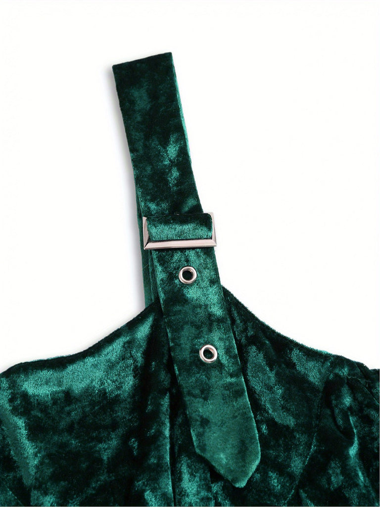 [Übergröße] Grün 1950er Schnalle Träger Samt Ärmellos Kleid