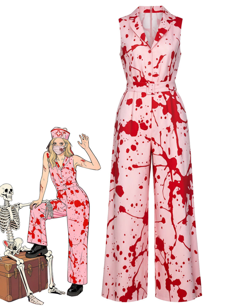 [Vorverkauf] Rosa 1930er Halloween Revers Blut Gürtel Jumpsuit