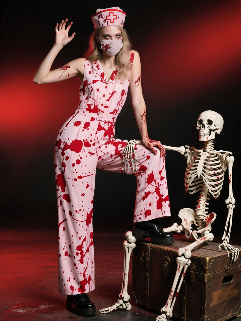 [Vorverkauf] Rosa 1930er Halloween Revers Blut Gürtel Jumpsuit