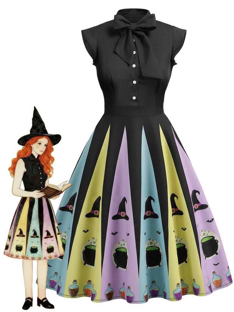 [Vorverkauf] Schwarz 1950er Bogen Halloween Hexe Trank Swing Kleid