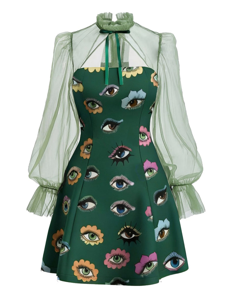 [Vorverkauf] Grün 1960er Halloween Auge Drucken Netz Kleid