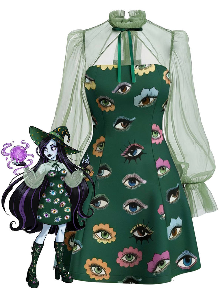 [Vorverkauf] Grün 1960er Halloween Auge Drucken Netz Kleid