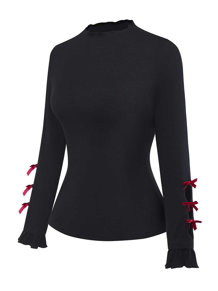 [Vorverkauf] 2PCS 1950er Samt Bogen Rollkragen Stricken Top & Plaid Kleid