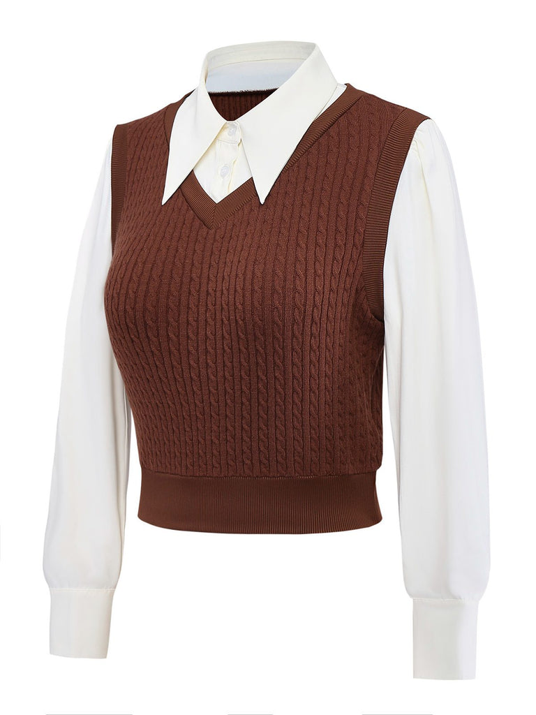 [Vorverkauf] Braun 1940er Stricken Weste Kunst-Zweiteilig Bluse