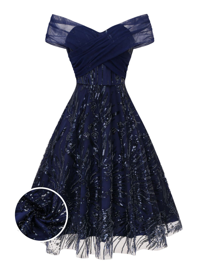 [Vorverkauf] Blau 1950er Schulterfrei Stickerei Pailletten Blumen Kleid