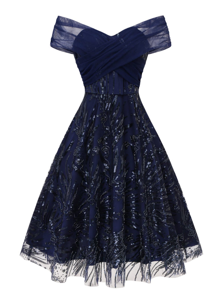 [Vorverkauf] Blau 1950er Schulterfrei Stickerei Pailletten Blumen Kleid