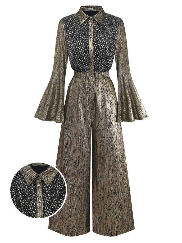 [Vorverkauf] Gold 1980er Schwarz Vergoldet Glockenärmel Shirt Jumpsuit