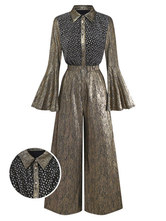 [Vorverkauf] Gold 1980er Schwarz Vergoldet Glockenärmel Shirt Jumpsuit