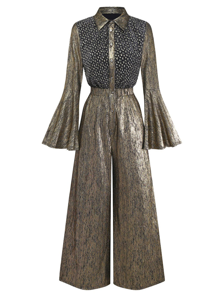 [Vorverkauf] Gold 1980er Schwarz Vergoldet Glockenärmel Shirt Jumpsuit