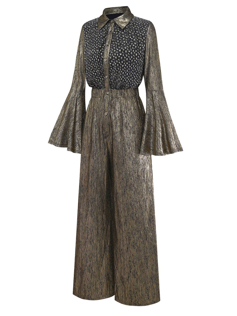 [Vorverkauf] Gold 1980er Schwarz Vergoldet Glockenärmel Shirt Jumpsuit