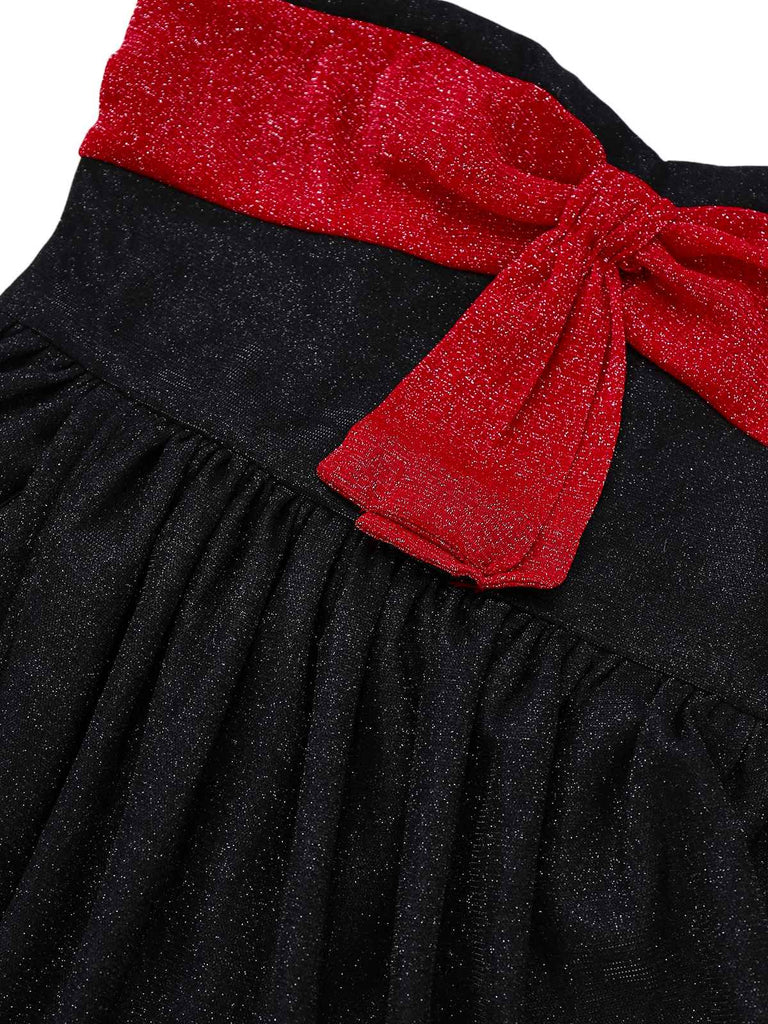 [Vorverkauf] Schwarz 1960er Bogen Trägerlos Glitter Tulpen Kleid