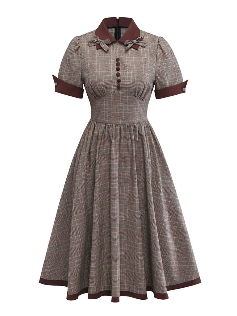 [Vorverkauf] Braun 1950er Revers Plaid Bogen Kleid