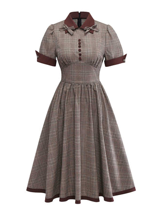 [Vorverkauf] Braun 1950er Revers Plaid Bogen Kleid