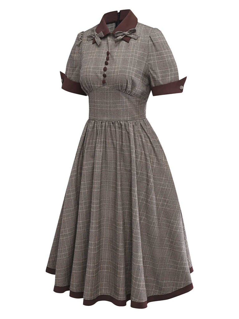 [Vorverkauf] Braun 1950er Revers Plaid Bogen Kleid