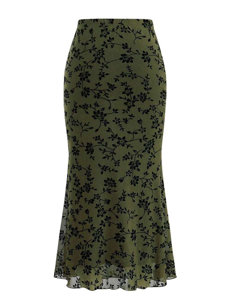 1930er Beflockter Blumen Maxi Meerjungfrau Rock