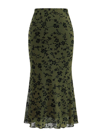 1930er Beflockter Blumen Maxi Meerjungfrau Rock