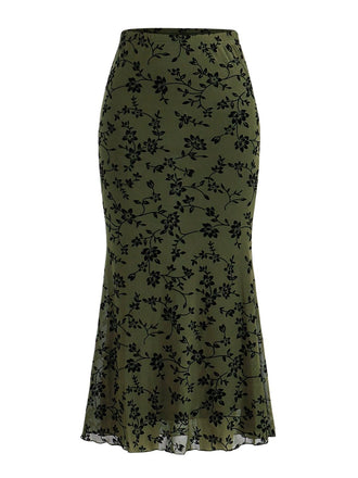 1930er Beflockter Blumen Maxi Meerjungfrau Rock