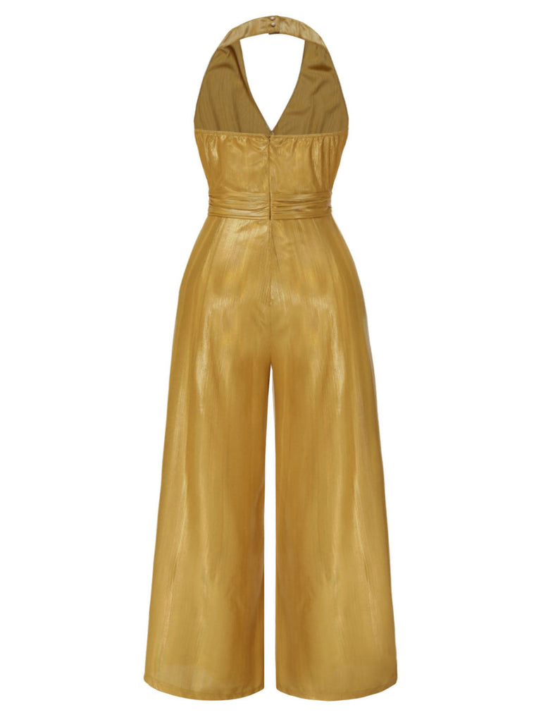 [Vorverkauf] [Übergröße] Gold 1970er Solide V-Ausschnitt Halter Jumpsuit