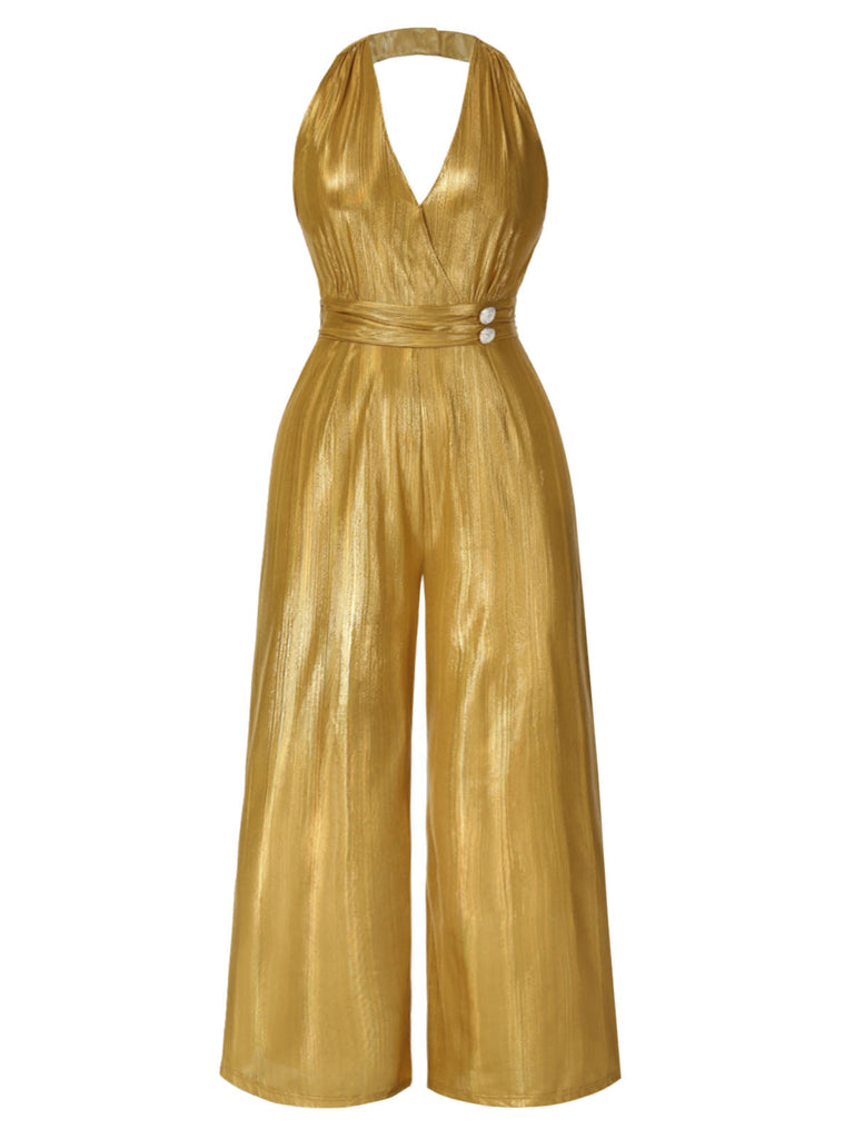 [Vorverkauf] [Übergröße] Gold 1970er Solide V-Ausschnitt Halter Jumpsuit