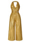 [Vorverkauf] [Übergröße] Gold 1970er Solide V-Ausschnitt Halter Jumpsuit