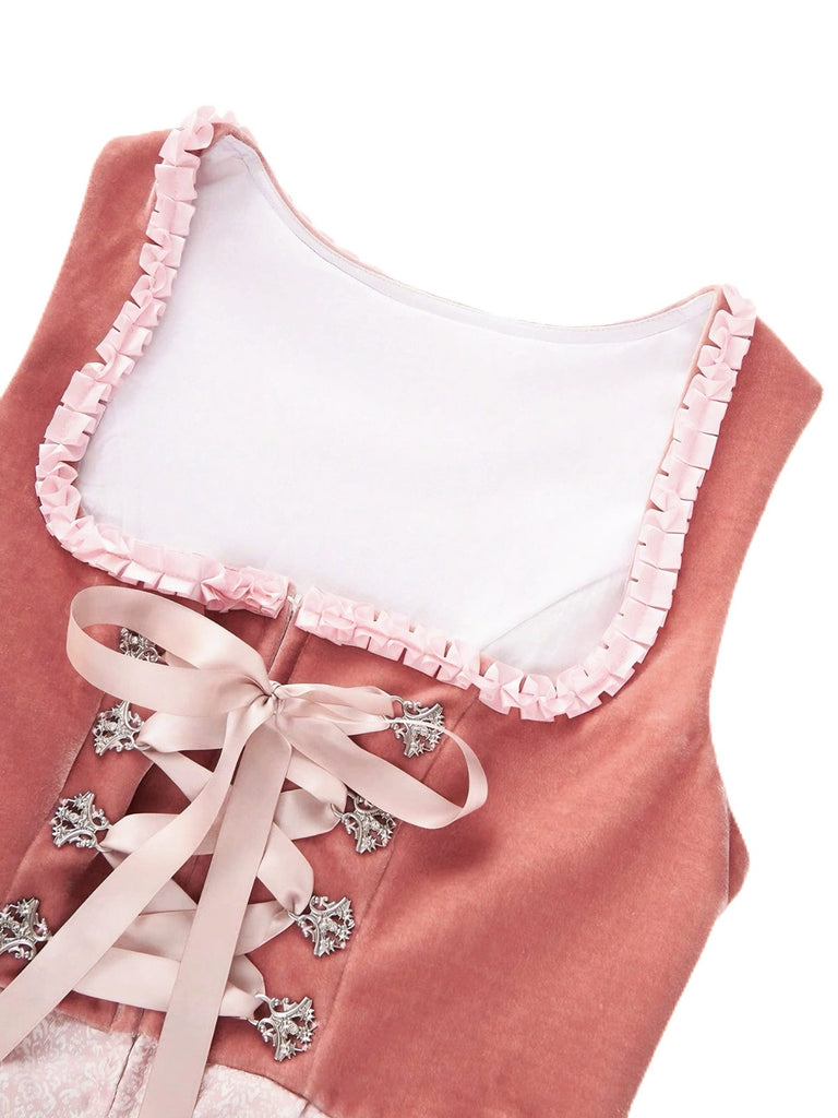 2PCS Rosa 1950er Oktoberfest Dirndl Samt Jacquard Kleid & Schürze