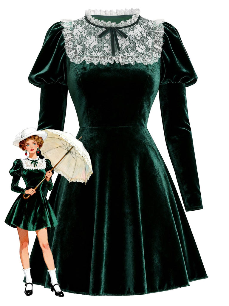 [Vorverkauf] Grün 1960er Viktorianisch Samt Spitze Kleid