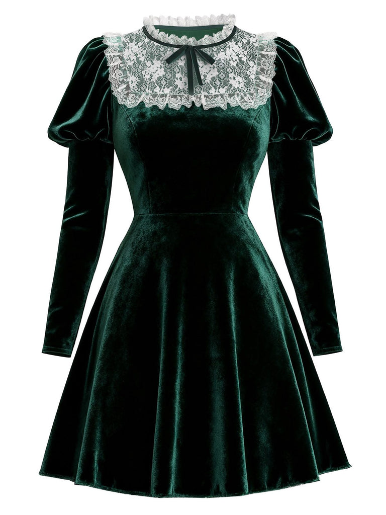 [Vorverkauf] Grün 1960er Viktorianisch Samt Spitze Kleid