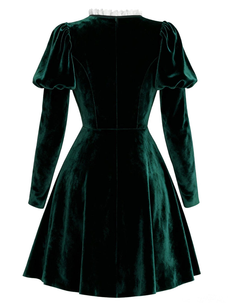 [Vorverkauf] Grün 1960er Viktorianisch Samt Spitze Kleid