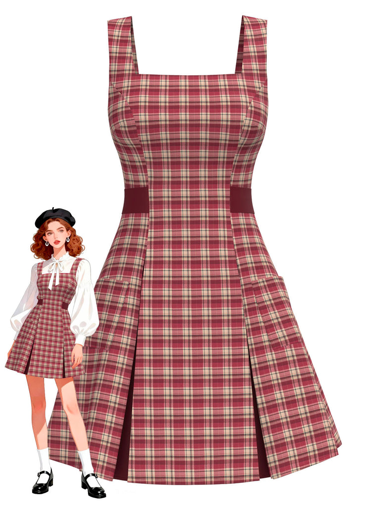 [Vorverkauf] Tiefrot 1960er Plaid Breit-Träger Falte Kleid