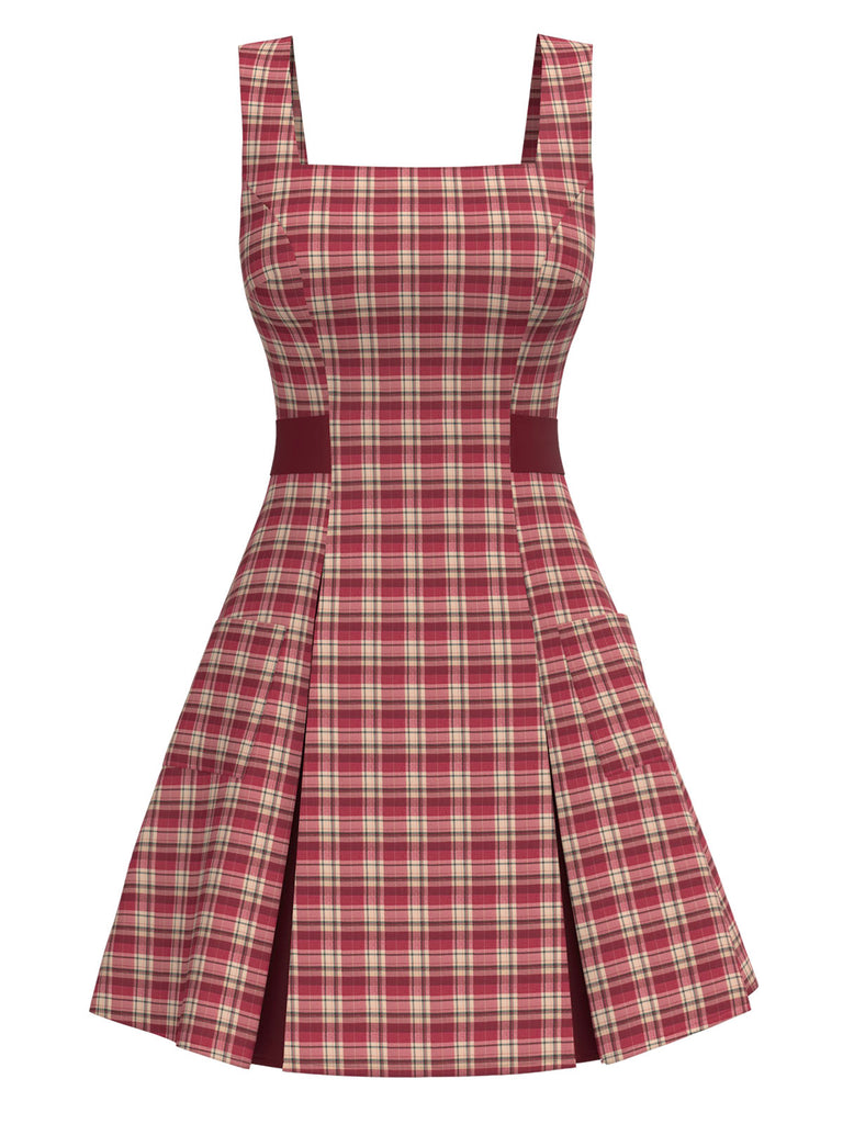 [Vorverkauf] Tiefrot 1960er Plaid Breit-Träger Falte Kleid