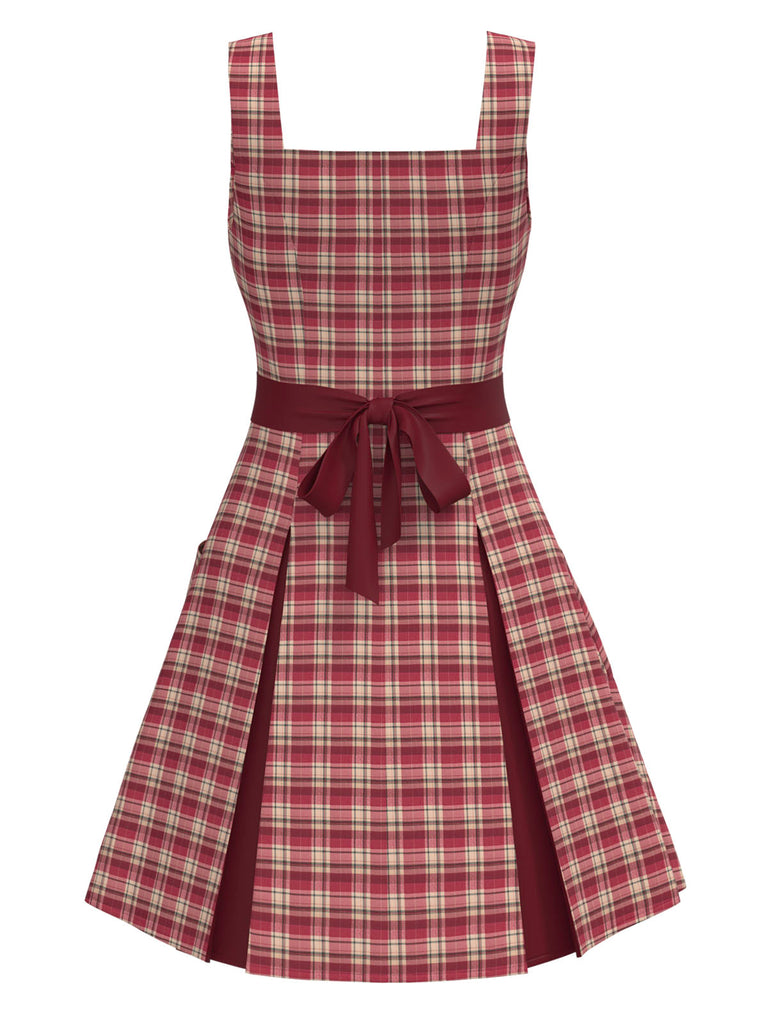 [Vorverkauf] Tiefrot 1960er Plaid Breit-Träger Falte Kleid