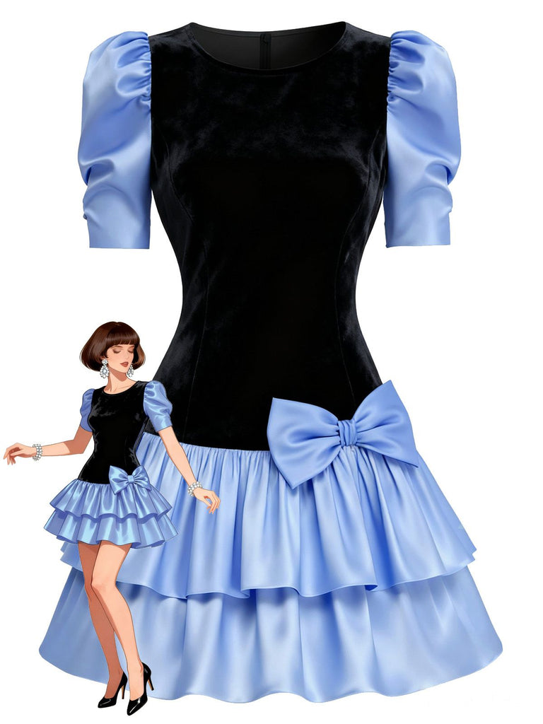 [Vorverkauf] Schwarz 1980er Samt Stain Puffärmel Bogen Mini Kleid