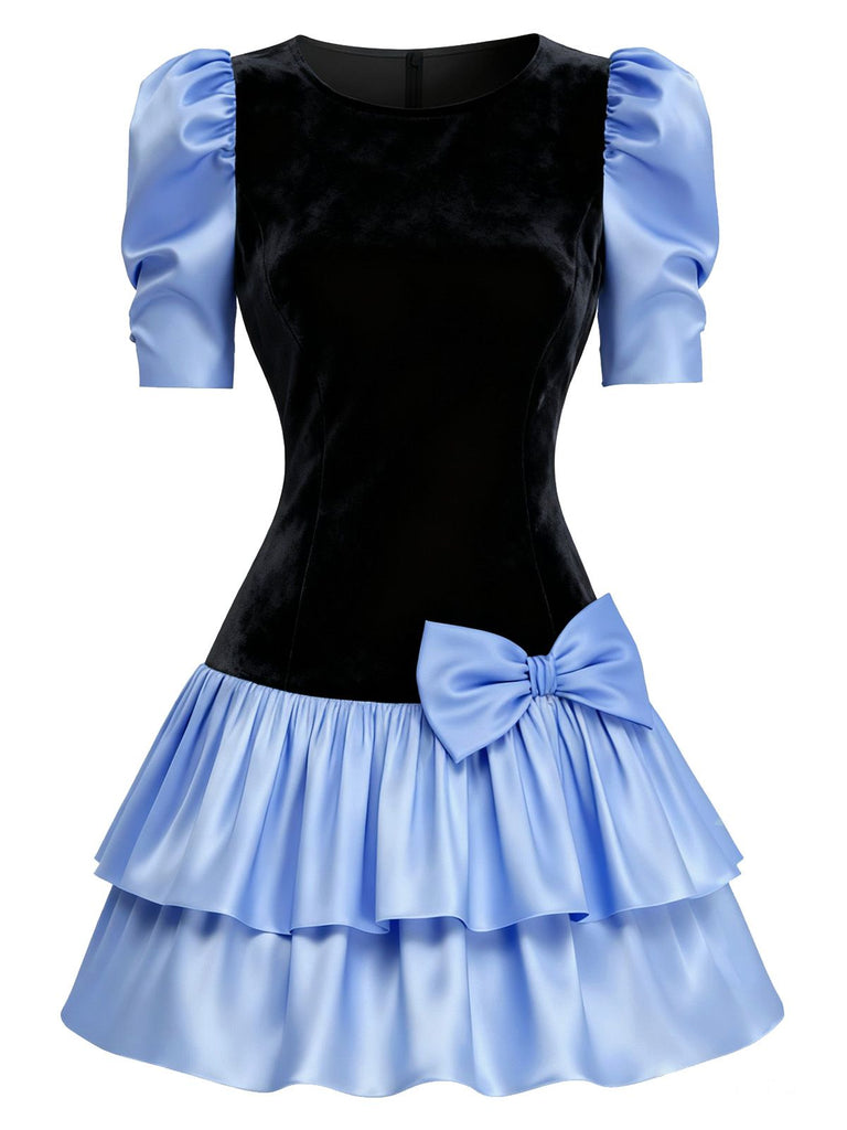 [Vorverkauf] Schwarz 1980er Samt Stain Puffärmel Bogen Mini Kleid