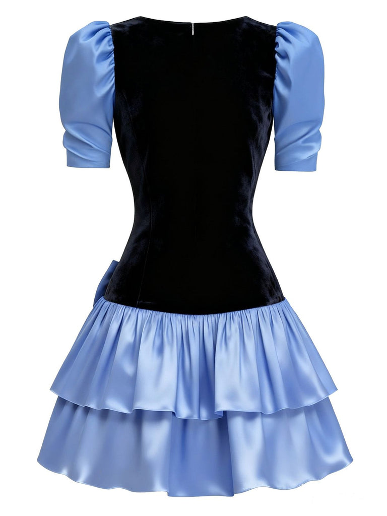 [Vorverkauf] Schwarz 1980er Samt Stain Puffärmel Bogen Mini Kleid