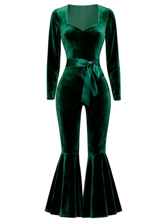 [Vorverkauf] Grün 1970er Herzförmiger Ausgestelltes Bein Samt Jumpsuit