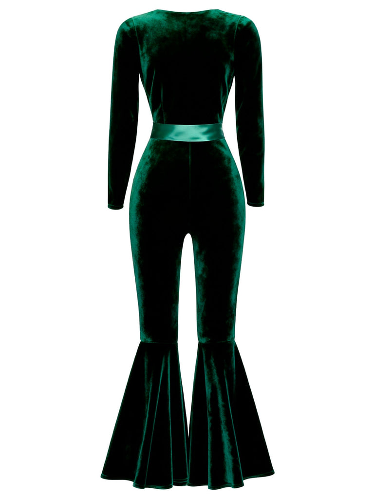 [Vorverkauf] Grün 1970er Herzförmiger Ausgestelltes Bein Samt Jumpsuit